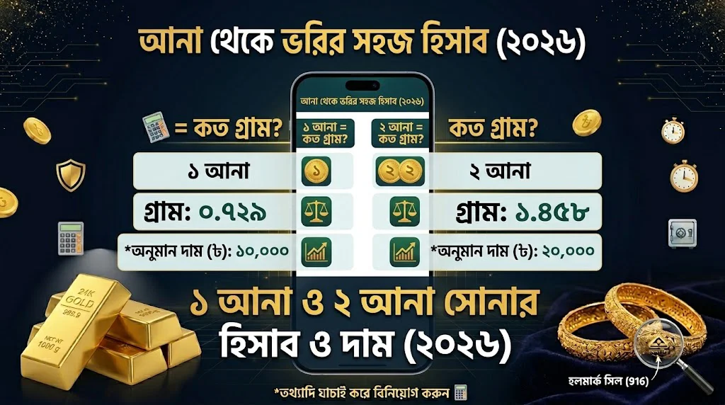 ১ আনা ও ২ আনা সোনার দাম কত ২০২৬? আনা থেকে ভরির হিসাব | 1 Ana & 2 Ana Gold Price in Bangladesh